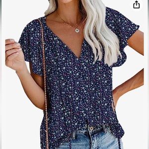 SimpleFun NWT XL Women's Boho Top Floral V Neck Short Sleeve Blouse